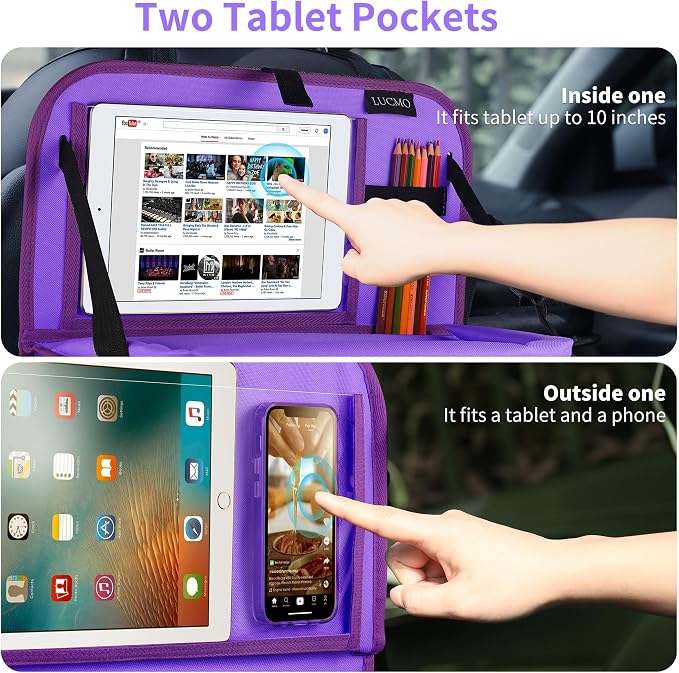 LUCMO Car Backseat Organizer with Foldable Tablet Holder, Dark Purple | 2 Pcs,6 Storage Pockets,Foldable Food Tray,Protectors Kick Mats,Travel Accessories,Seat Cover,Road Trip Essentials