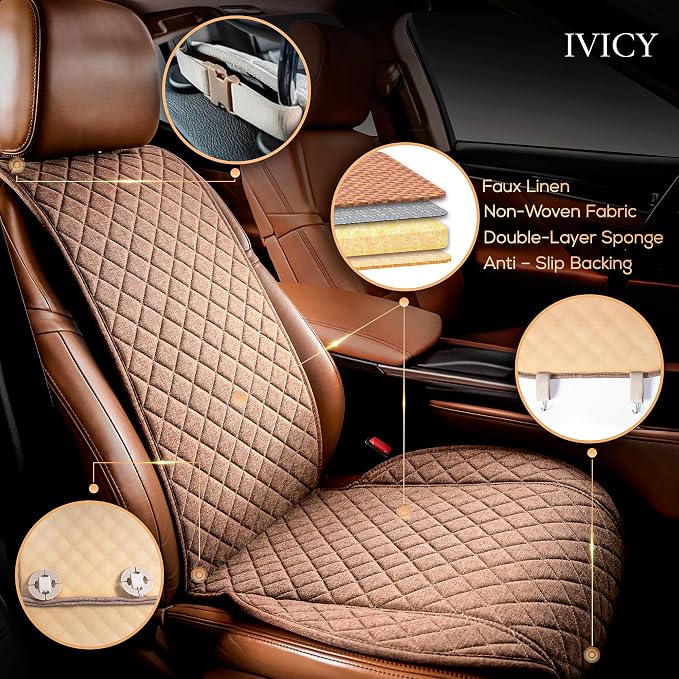 IVICY Faux Linen Front Car Seat Cover – Non-Slip Bucket Seat Protector for Most Cars, SUVs, Vans & Trucks – 1 Seat Cover, Machine Washable, Side-Airbag Friendly, Light Brown