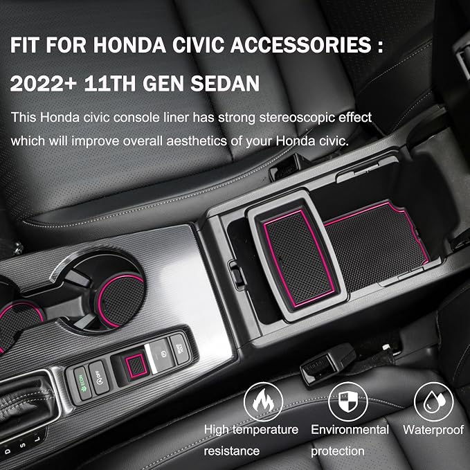 for Honda Civic Accessories 2022 2023 2024 2025 2026 11th Gen Sedan Cup Holder Insert Center Console Liner Door Slot Mats Pad Coaster Trim Premium Rubber Custom Interior 17PC Set (Pink Trim)