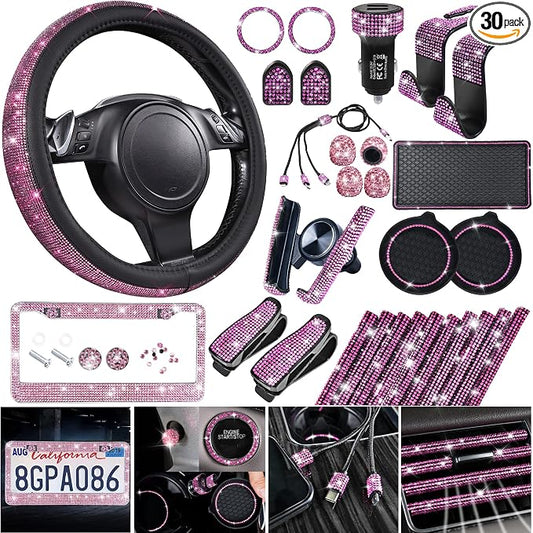 CAR PASS 30 PCS Bling Pink Car Set for Women, Bling Steering Wheel Covers Set 15 Inch, Shining Rhinestone License Plate Frame, Sparkly Diamond Phone Holder, Cute Interior Set Decorations, Pink Diamond