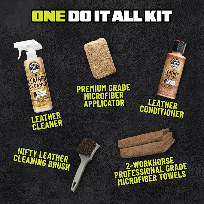 Chemical Guys, Car Leather Care Kit, Cleaner, Conditioner & Tools, 6 Pc | Leather cleaner, conditioner, brush and towels to clean, soften and protect seats and trim, six-piece kit