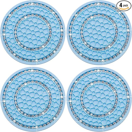 4PCS Bling Crystal Rhinestone Cup Holder Coaster, 2.75 inch Soft Silicone Anti-Slip Shockproof, Car Cup Holder Insert Coasters, Universal Car Interior Accessories for Women (Light Blue & White)
