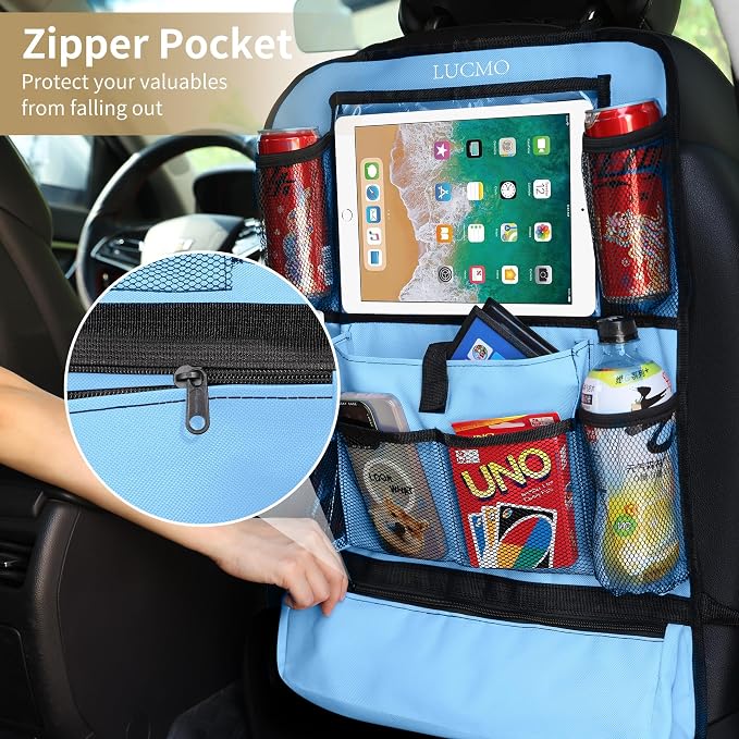 LUCMO Car Backseat Organizer with Touch Screen Tablet Holder, Light Blue | 2 Pcs,9 Storage Pockets,Clear Tablet Holder,Protectors Kick Mats,Travel Accessories,Seat Cover,Road Trip Essentials