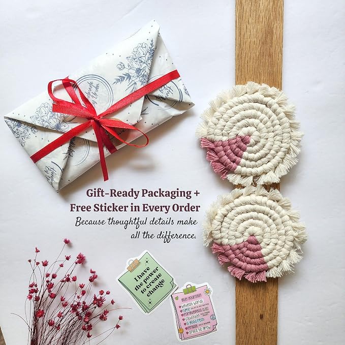 Cotton Car Coasters for Cup Holders, 2PC Car Cup Coasters, Drink Coaster Holder, Cute cupholder Coaster Accessories for Women, Macrame, Boho (Blush Blossom)