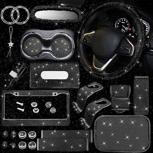 25PCS Bling Car Car Accessories Set,15 Inch Steering Wheel Cover,Shiny License Plate Frame,Center Console Cover and Rearview Mirror Set and Other Car Accessories(Black)
