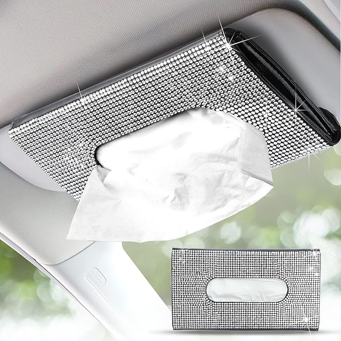 EcoNour Bling Car Crystal Glitter Paper Towel Holder | PU Leather Case | Mask & Tissue Dispenser| Bling Accessories for Women | Sun Visor Organizer with Tissue Holder