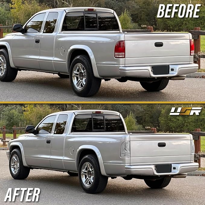 USR 97-04 Dakota PickUp Trucks Tail Light – Rear Tail Lamps (Left + Right) Pair - Compatible with 1997-2004 Dodge Dakota Pick Up Truck All Models/Trims (CLEAR LENS TAIL LIGHTS with RED BULBS)