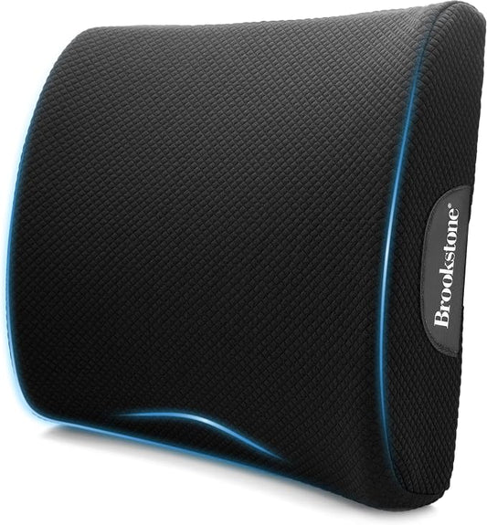 Brookstone BK1209 - Luxurious Lumbar Support Pillow for Car or Office Chair, Back Cushion with Premium Grade Memory Foam, Breathable and Washable Cover, Adjustable Strap