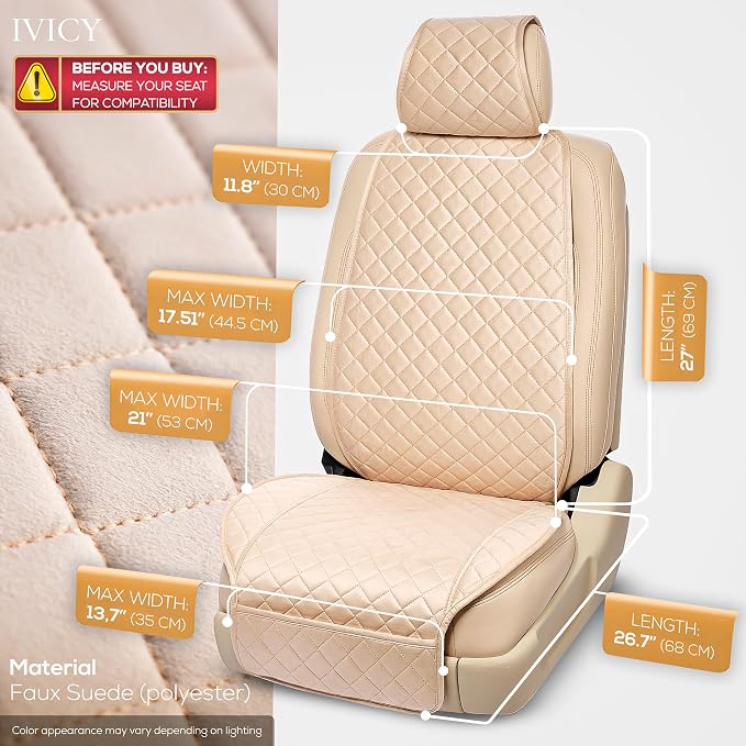 IVICY Faux Suede Front Car Seat Cover – Non-Slip Bucket Seat Protector for Most Cars, SUVs, Vans & Trucks – 1 Seat Cover, Machine Washable, Side-Airbag Friendly, Light Beige