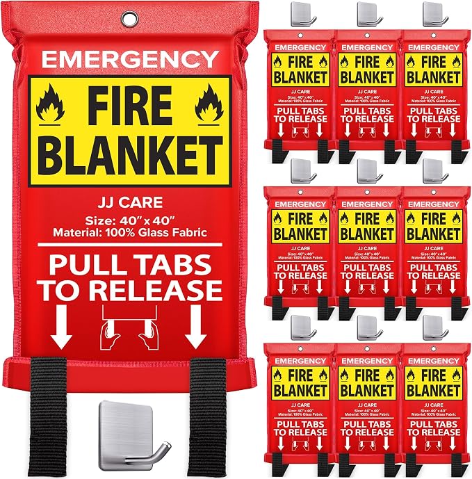 JJ CARE Fire Blanket – 10 Packs with Hooks – 40" x 40" Emergency Fire Blanket for Home & Kitchen, High Heat Resistant Fire Suppression Blankets for Home Safety, Kitchen, and Camping
