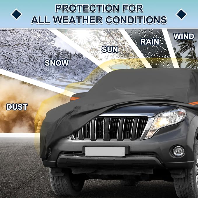 Black Heavy Duty Waterproof Car Cover for SUV 191"-199" - All-Weather UV Protected Outdoor Full Exterior Cover with Sun/Snow/Rain Resistance