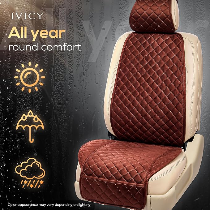 IVICY Faux Suede Front Car Seat Cover – Non-Slip Bucket Seat Protector for Most Cars, SUVs, Vans & Trucks – 1 Seat Cover, Machine Washable, Side-Airbag Friendly, Brown