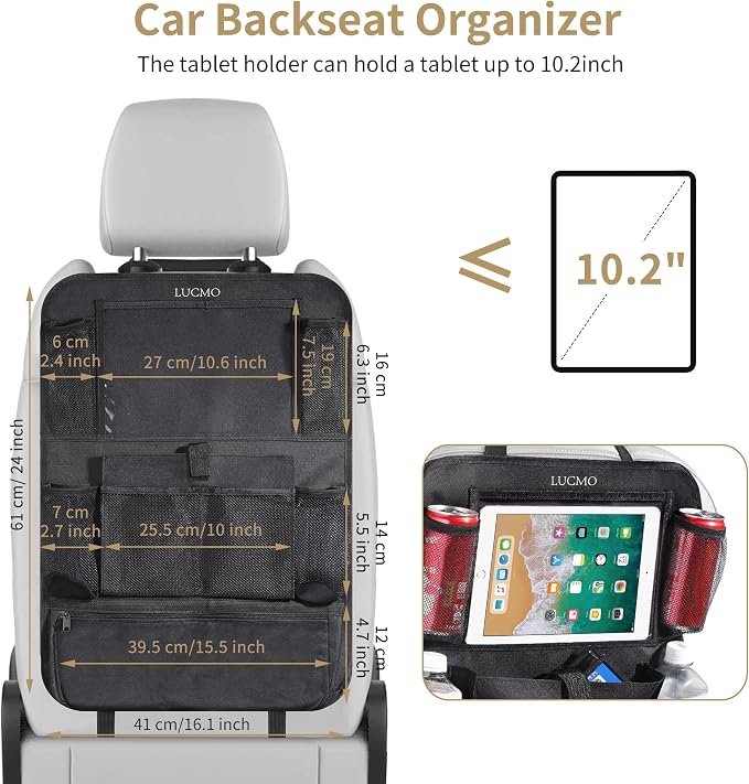 LUCMO Car Backseat Organizer with Touch Screen Tablet Holder, Black | 2 Pcs,9 Storage Pockets,Clear Tablet Holder,Protectors Kick Mats,Travel Accessories,Seat Cover,Road Trip Essentials