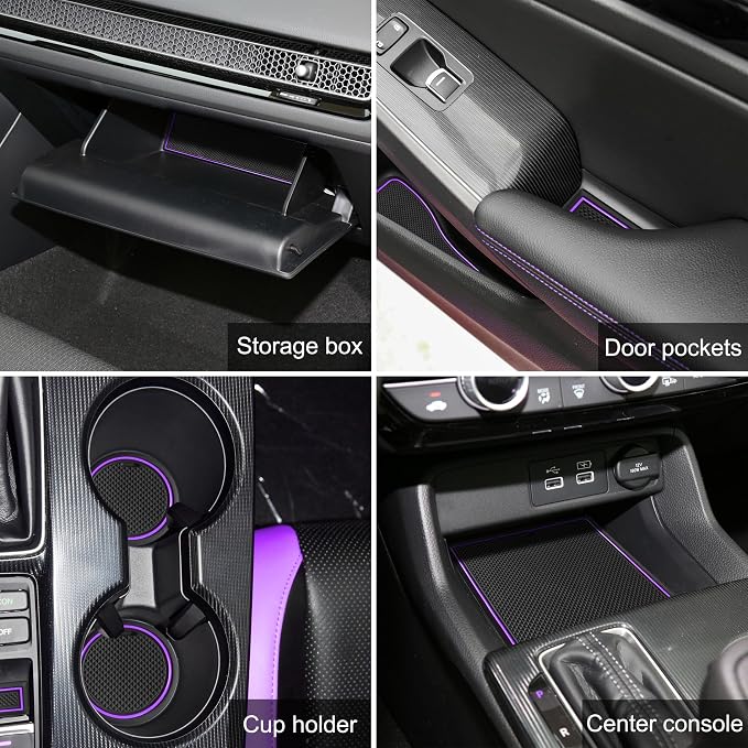 for Honda Civic Accessories 2022 2023 2024 2025 2026 11th Gen Sedan Cup Holder Insert Center Console Liner Door Slot Mats Pad Coaster Trim Premium Rubber Custom Interior 17PC Set(Purple Trim)