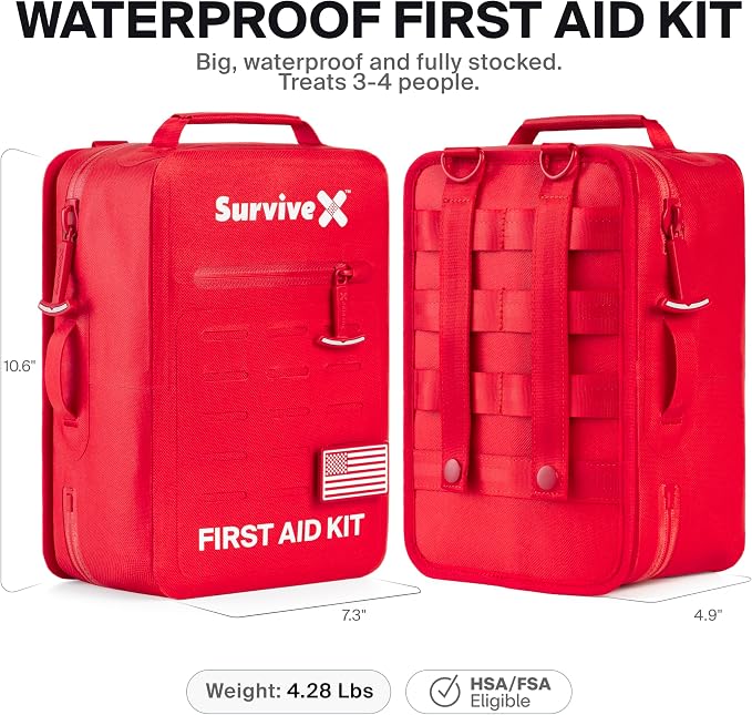 SurviveX Large Waterproof First Aid Kit for Car, Travel & Home - Emergency Kit for Hiking, Camping, Backpacking and Outdoors - Includes Zip Stitch Wound Closure Strips
