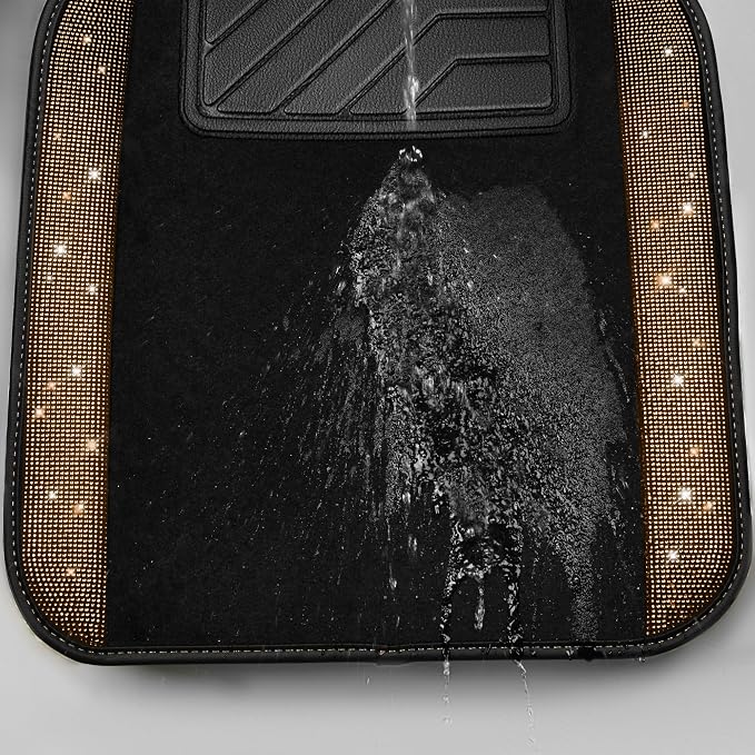 CAR PASS Bling Diamond Car Floor Mats, Shining Rhinestone Carpet Sparkly Glitter Crystal with Anti-Slip PVC Heel Pad Waterproof Universal Fit Automotive SUV,Sedan,Van,Cute Girl Women,4pcs Golden