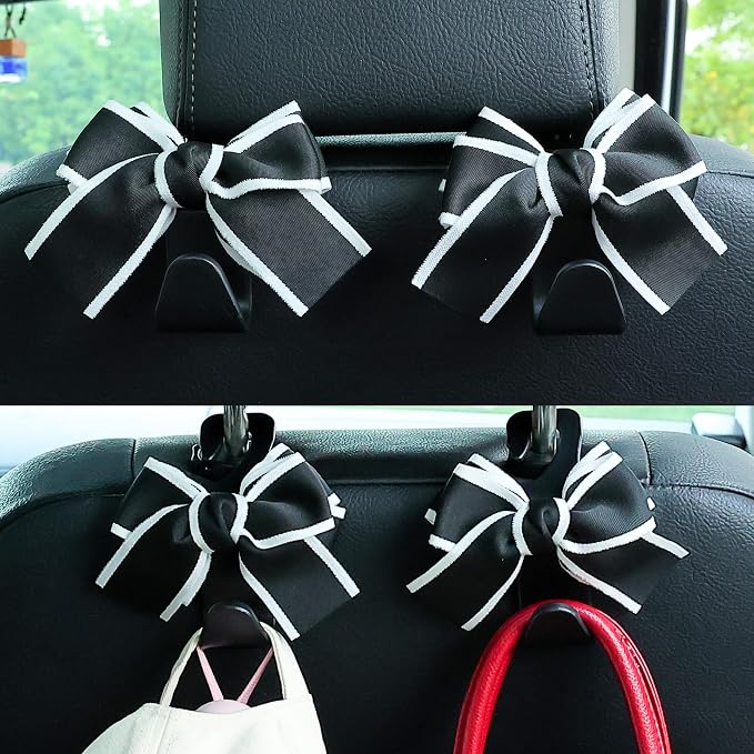 Amooca Car Seat Headrest Hook Cute Bowknot Vehicle Hanger Car Storage Organizer for Handbag Purse Coat Grocery Bag Black