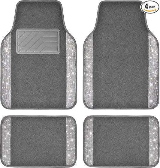 CAR PASS Bling Diamond Car Mats Shining Carpet Crystal Rhinestones Sparkly Glitter Floor Mats with Anti-Slip PVC Heel Pad Universal Fit for Automotive SUV, Sedan, Car, Van, 4pcs for Girl Women, Gray