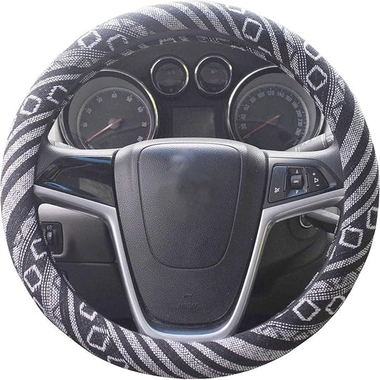 Medium Ethnic Style Coarse Flax Cloth Automotive Steering Wheel Cover Anti Slip and Sweat Absorption Auto Car Wrap Cover (14.5''-15'',G)
