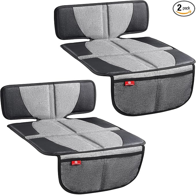 Helteko Car Seat Protector, 2 Pack Seat Protection Mat with Thick Padding, Durable Waterproof Fabric, Leather Reinforced Corners and Mesh Pockets