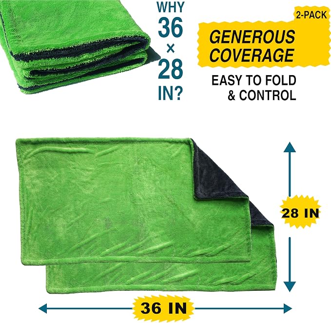 teworld® 2-Pack Car Drying Towels, Large 36 x 28 Inch, 1300 GSM, Dual-Color | Twisted Loop Microfiber Towel for Cars - Absorbent Car Dry Towel and Car Wash Towel for Streak-Free, Paint-Safe Car Detailing