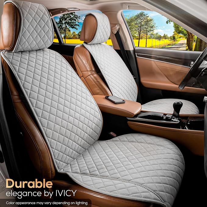 IVICY Faux Suede Front Car Seat Cover – Non-Slip Bucket Seat Protector for Most Cars, SUVs, Vans & Trucks – 1 Seat Cover, Machine Washable, Side-Airbag Friendly, Light Gray
