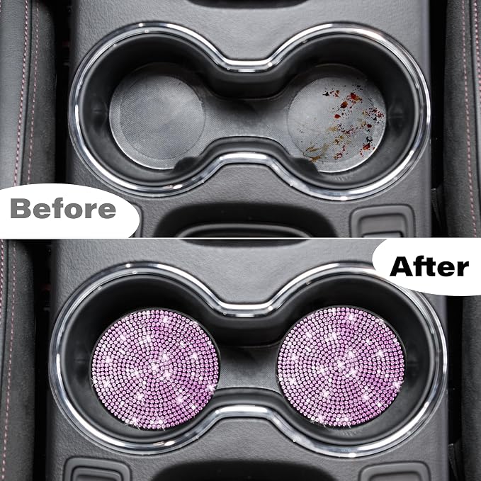 BFXM 2 PCS Bling Cup Holder Coaster, Car Accessories for Women 2.75 inch Diamond Universal Non-Slip Silicone Cup Holder Coasters, Sparkly Bling (Purple)