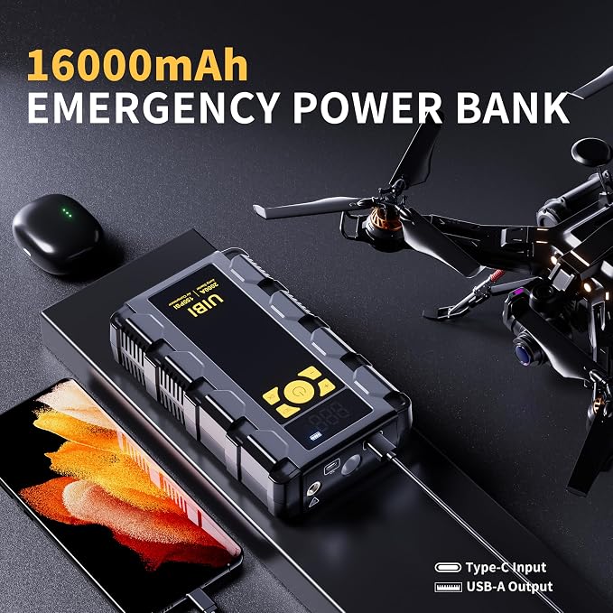UIBI X5 Car Jump Starter 2000A with Built-in 150PSI Tire Inflator,16000mAh Power Bank & SOS Light for 8.0L Gas/6.0L Diesel Car Truck RV Road Trip Emergency
