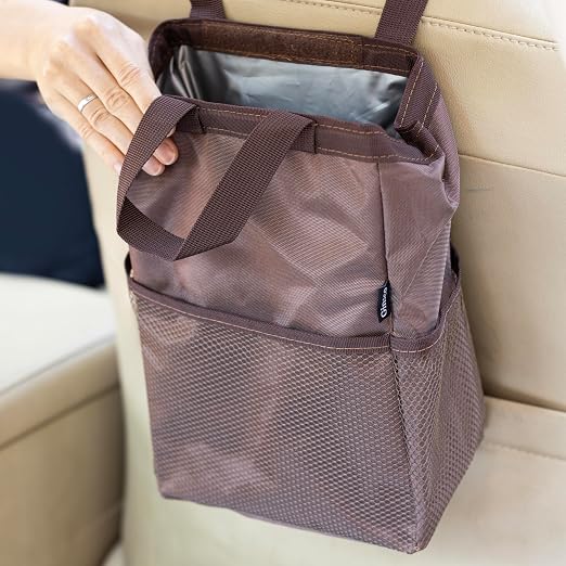 Ginsco New Leak-Proof Travel Trash Bag, Hanging Car Trash Can with Hook and Loop Lid and Handle, Multipurpose Trash Bin with Storage Pockets for Car SUV Truck RV Camping 2 Gallons (Brown)