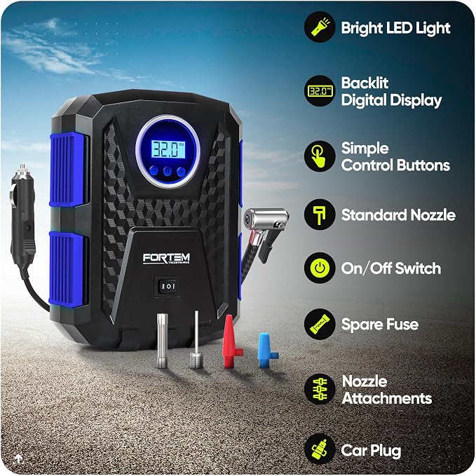 FORTEM Tire Inflator Portable Air Compressor, Air Pump for Car Tires and Bikes, Car Tire Pump w/Auto Shut Off, 150 PSI, 12V DC, LED Light, Carrying Case, Perfect For Men, Women
