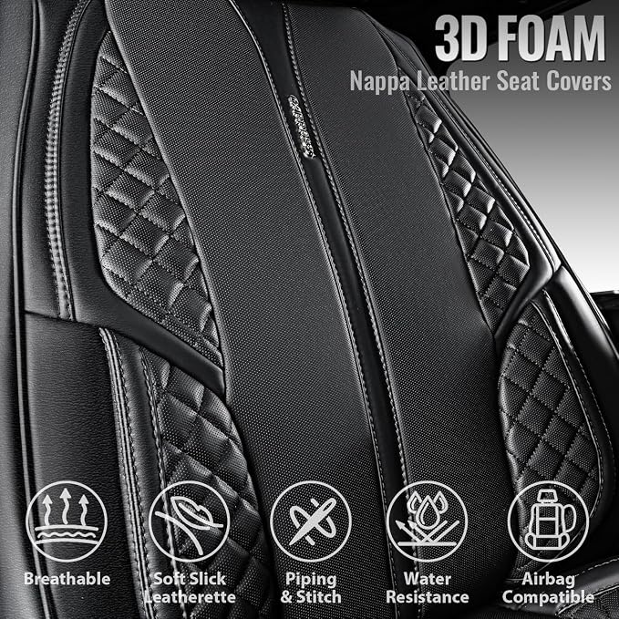 CAR PASS Nappa Leather Car Seat Covers Front Seats Only, Luxury PU Leatherette Seat Covers 2 Pack Waterproof Durable Car Seats Cushion Protector Universal Fit for Sedan SUV Pick-up Truck Van All Black