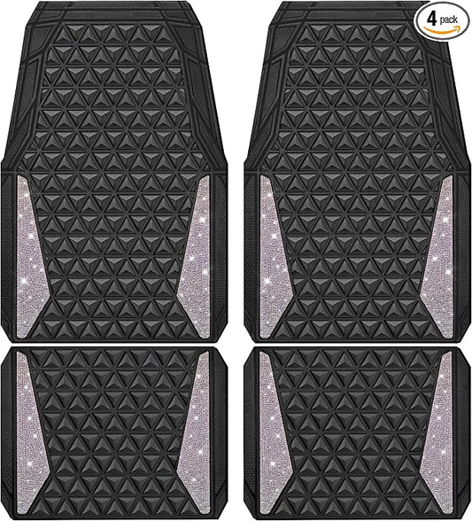 CAR PASS Bling Diamond Car Mats Rubber Floor Mats Full Set Anti-Slip 3D Rhombus Waterproof Trim Fit Liner Universal Glitter Crystal Sparkly Shining Rhinestone Girl Women SUV Sedan, Multicolor Diamond