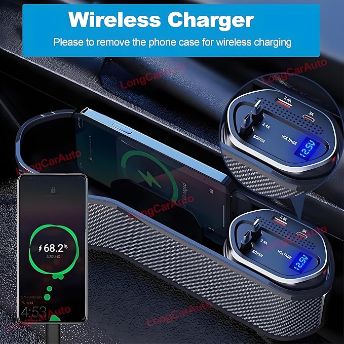 5 in 1 Car Seat Gap Filler Organizer with Wireless Charger | Cup Holder, Cigarette Lighter, Retractable Charging Cords, iOS Type-C USB Port, Fast Charge Storage Box