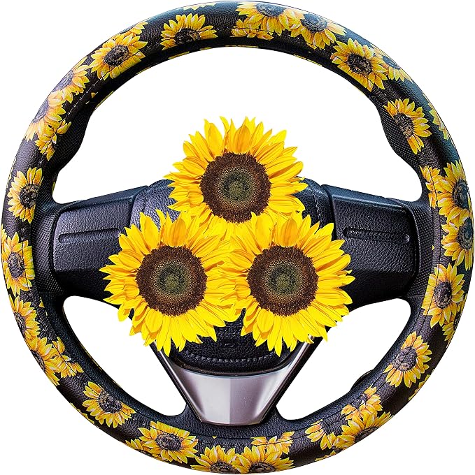 Evankin Sunflower Steering Wheel Cover Cute and Handmade,Leather Universal Steering Wheel Cover 15 inch, Fashionable Boho Sunflower Car Accessories for Women,Top Girl Car Accessories