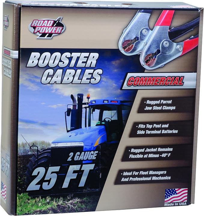 Southwire Road Power Commercial-Duty Booster Cable - Heavy Duty Design - Top & Side Post Compatible - Reliable Jump Start Tool - Tangle Free Automotive Jumper Cable - 2-Gauge - 25 Feet - Black
