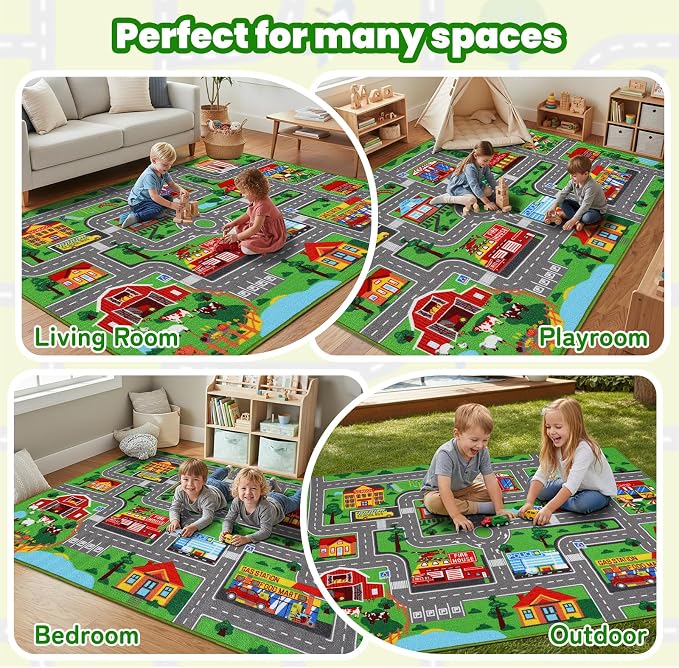Kids Carpet Playmat Rug 59"x39.4", Car Rug for Kids Cars, Non-Slip Town City Road Map Kids Rugs for Playroom Bedroom Boys, Kids Cars Play Mat Track Road Rugs for Kid(59X39.4Inch,Green)