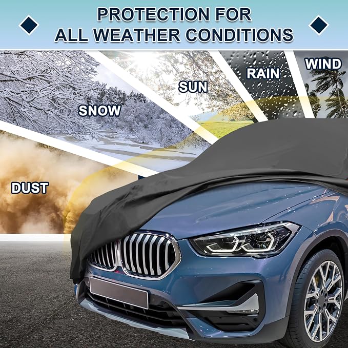 Black Heavy Duty Waterproof Car Cover for SUV 173"-179" - All-Weather UV Protected Outdoor Full Exterior Cover with Sun/Snow/Rain Resistance