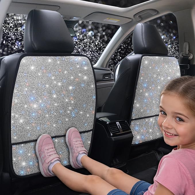 Bling Crystal Car Seat Back Kick Protectors with Storage, Sparkly Diamond Kick Mats, Universal Seat Protector for SUV and Automotive Crystal Auto Accessories for Women White 2pcs