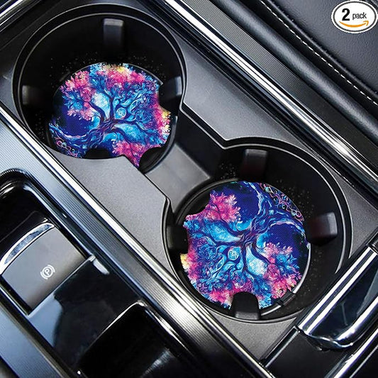 WOCOCN Cute Cup Holder Coasters for Your Car with Fingertip Grip, Auto Accessories for Women & Men,Pack of 2 (Red Flower Tree)