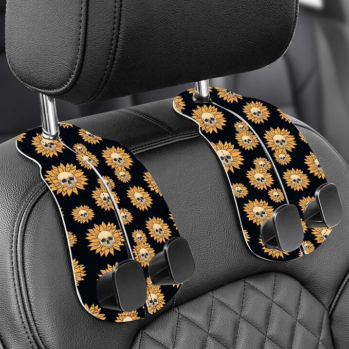 WOCOCN Purse Holder for Car, 2 Pack Heavy Duty Purse Hanger for Car, PU Leather Car Seat Hooks for Purses and Bags, Cute Sunflower Skull Headrest Organizer for Handbags & Backpacks