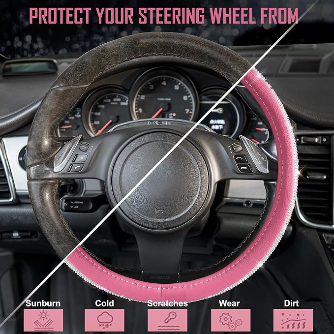 CAR PASS Bling Diamond Leather Steering Wheel Cover, with Bling Sparkly Crystal Glitter Rhinestones Universal Fit 13" 1/2-14" Car Wheel Protector for Women Girl Fit Suvs,Vans,Sedans,Car,Trucks, Pink