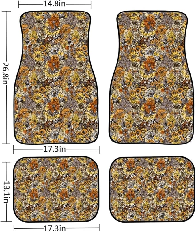 Retro Sunflower Print Car Floor Mats Set of 4 Daisy Floral Butterfly Universal Vehicle Floor Carpet Decorative Auto Front Rear Foot Rugs for Trucks SUV Sedan