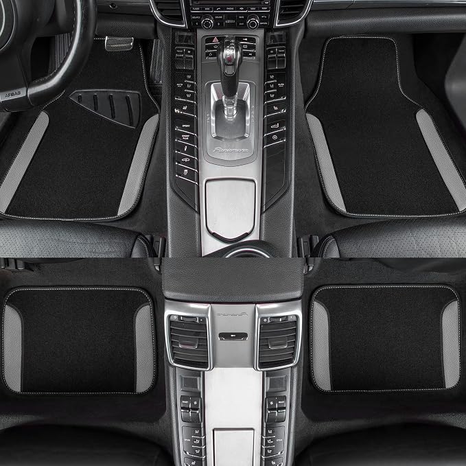 CAR PASS Rainbow Waterproof Universal Fit Faux Leather Car Carpet- Anti-Slip Nibbed Backing Floor Mats for SUV, Vans, Sedans, Trucks, Automotive Set of 4 (Black with Gray)