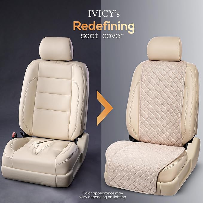 IVICY Faux Linen Front Car Seat Cover – Non-Slip Bucket Seat Protector for Most Cars, SUVs, Vans & Trucks – 1 Seat Cover, Machine Washable, Side-Airbag Friendly, Light Beige