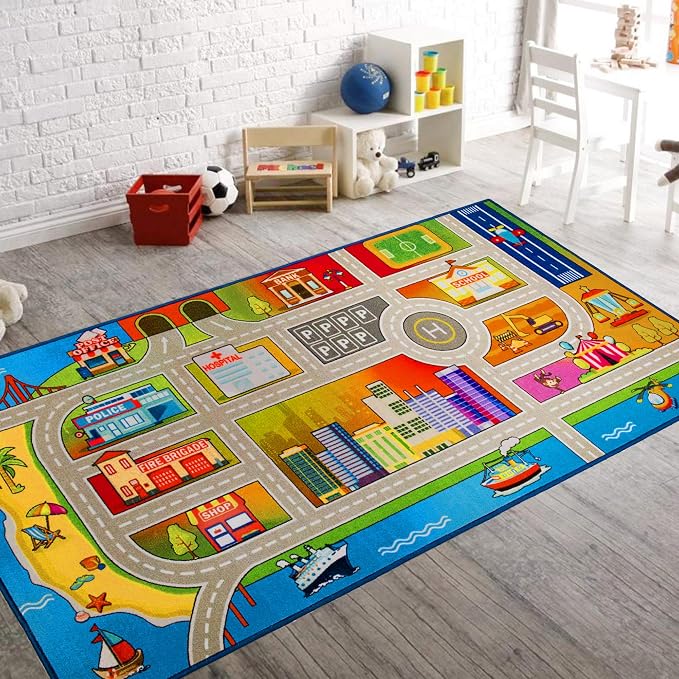 Booooom Jackson Kids Car Rug, 3'3"x6'7" Play Mat for Toy Cars, Non-Slip | Non-Slip City Road Play Mat, Train Track, Birthday Gift for Toddlers, Classroom & Playroom