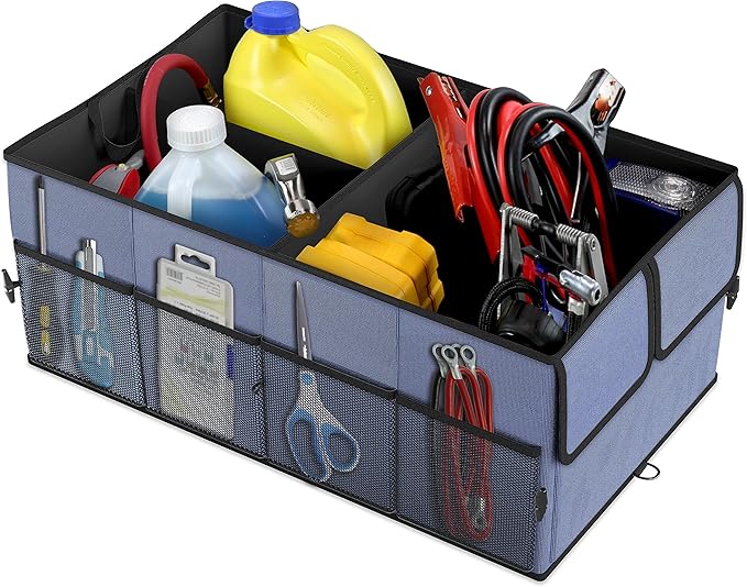 EPAuto Foldable Car Trunk Organizer for SUV, 3-Compartment, Blue | with Removable Divider, Side Pockets and Securing Straps