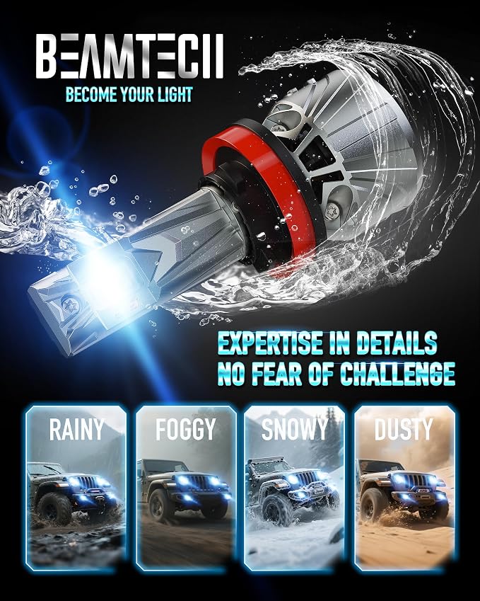 BEAMTECH H11/H8/H9 Bulb, 800% Brighter High Speed Fan 6500K Light, 2PCS | 50,000h Lifespan, 15,000rpm Turbo Fan, Liquid Cooling Tube, Aviation Aluminum Body