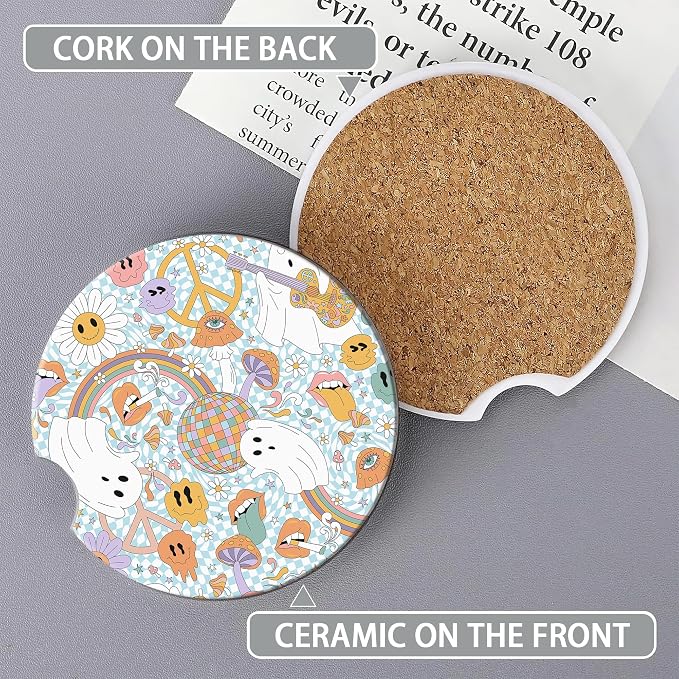 Car Coasters 70s Groovy Mushroom for Women 2 Pack,Retro Ghost Rainbow Absorbent Car Coasters for Cup Holders Insert Ceramic Anti Slip with Finger Notch & Cork Base Auto Accessories Gifts