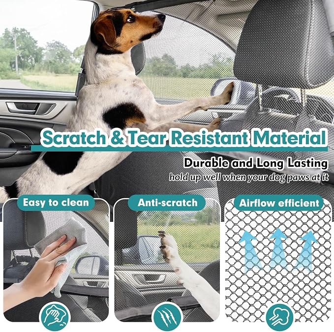 Dog Car Barrier Escape-Proof, 50" Wide Car Divider for 2nd 3rd Row Seats & Cargo Area, Durable Back Seat Car Gate Trunk Barrier with See Through Net Mesh for Small Trucks & SUV & Mid-Sized Vehicle