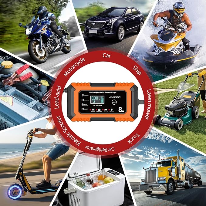 12V Battery Charger 8-Amp Smart Trickle Charger, Orange | Battery Maintainer and Desulfator, Temperature Compensation, for Car, Truck, SUV, Motorcycle, Boat, Lead Acid, LiFePO4